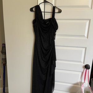 NWT Alex Evenings Cold Shoulder Metallic Black Gown